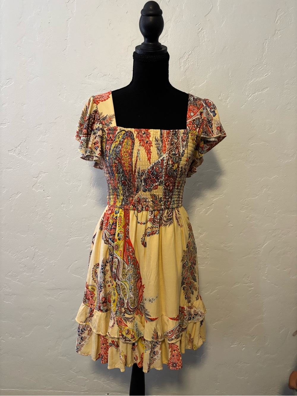 Yellow Paisley Smocked Square-Neck Mini Dress